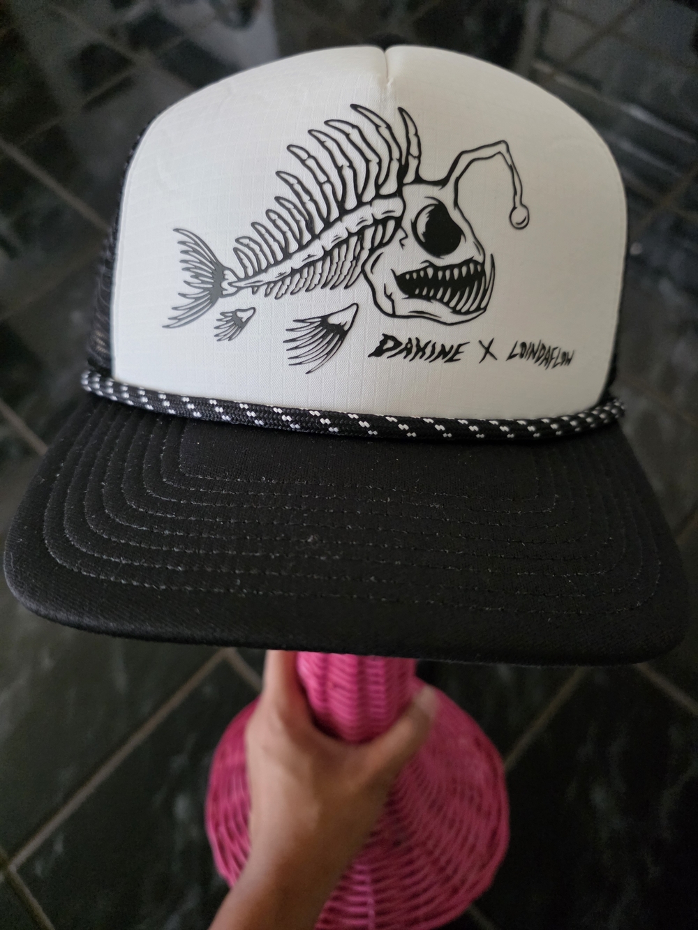 Black & White Fish Skeleton Trucker Hat Da Kine
